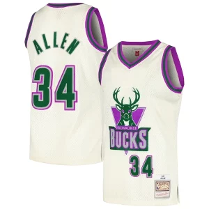 Estupendo Maravilloso Práctico Ray Allen Milwaukee Bucks Chainstitch Swingman Jersey Cream